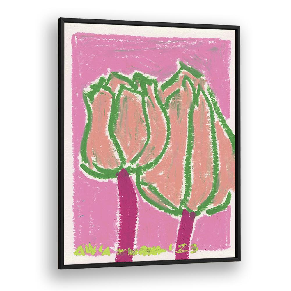 Pink Tulips By Ania Zwara Botanical Flower Paintings Artwork  in Black Plain Frame