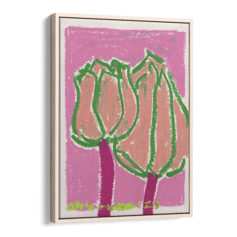 Pink Tulips By Ania Zwara Botanical Flower Paintings Artwork in Oak Wood Floater Frame