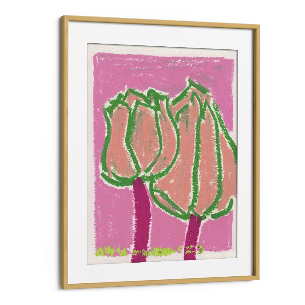 Pink Tulips By Ania Zwara Botanical Flower Paintings Artwork in Oak Wood Frame With Mount