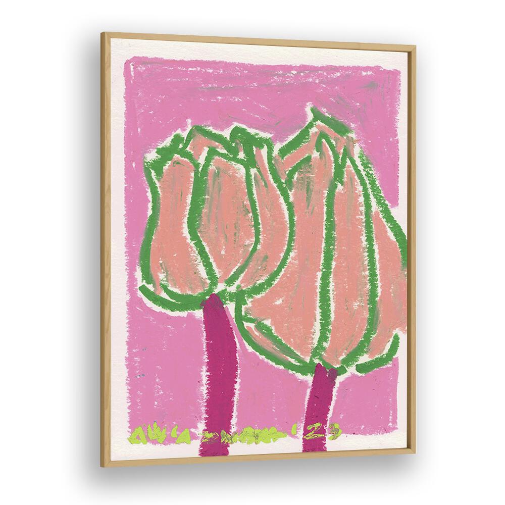 Pink Tulips By Ania Zwara Botanical Flower Paintings Artwork in Oak Wood Plain Frame