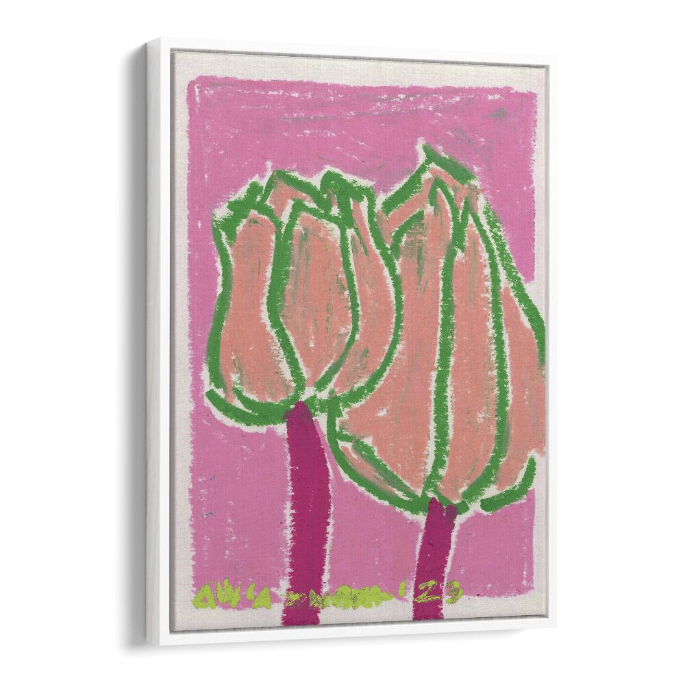 Pink Tulips By Ania Zwara Botanical Flower Paintings Artwork  in White Floater Frame