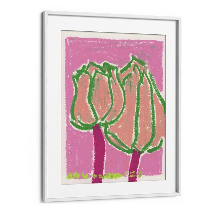 Pink Tulips By Ania Zwara Botanical Flower Paintings Artwork  in White frame With Moun