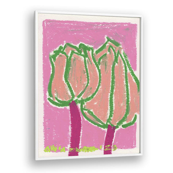 Pink Tulips By Ania Zwara Botanical Flower Paintings painting Artwork  in White Plain Frame