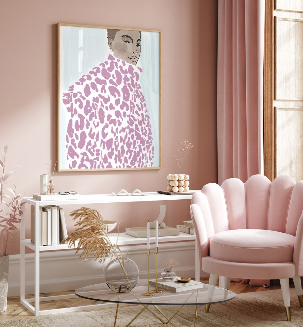 Elegant PINK COAT, PORTRAITS & FIGURATIVE ILLUSTRATIONS displayed in a chic interior, showcasing vibrant artistry.
