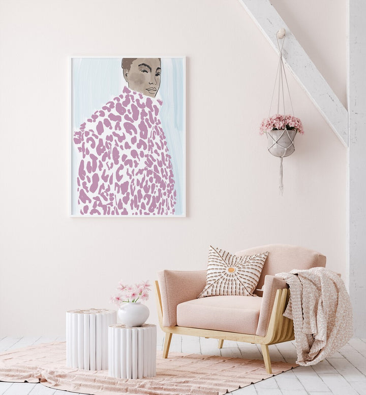 Stylish PINK COAT, PORTRAITS artwork capturing elegance and emotion in a chic living space. Perfect for modern decor.