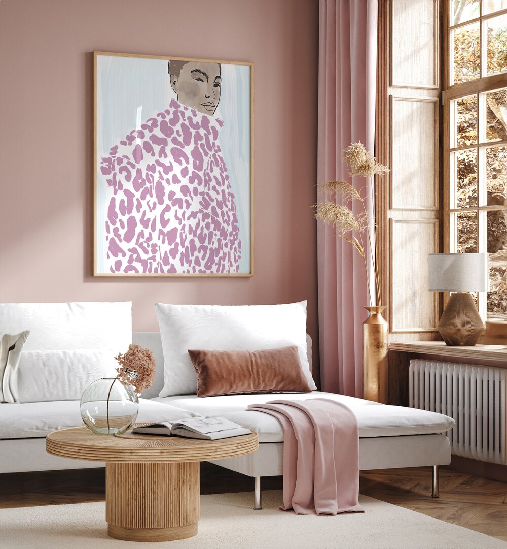 Elegant PINK COAT, PORTRAITS artwork enhances a stylish living space with vibrant artistry and emotional depth.