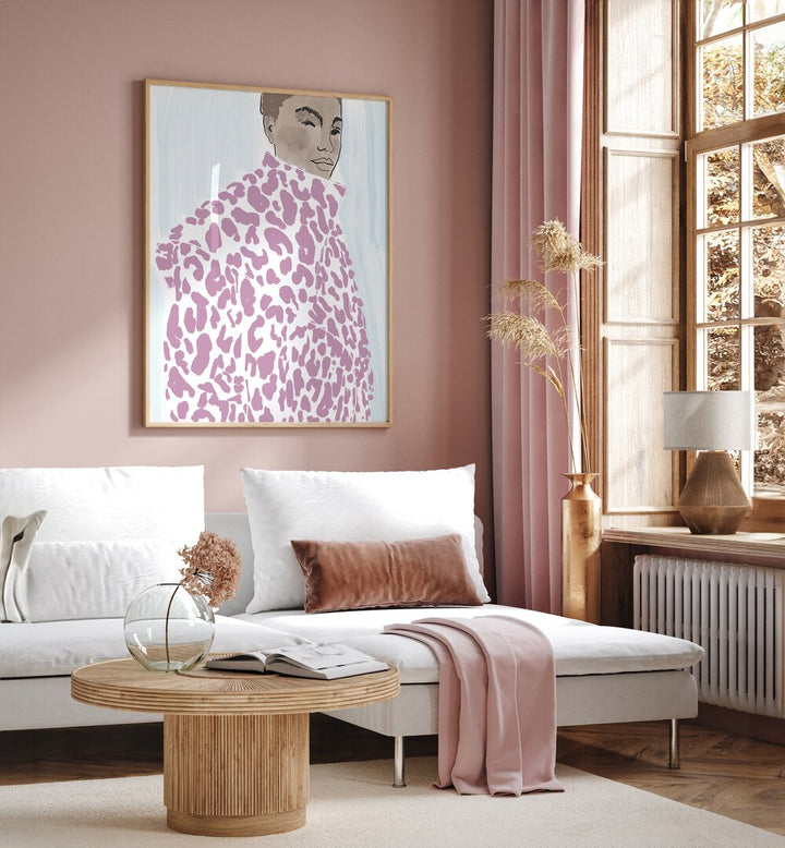 Elegant PINK COAT, PORTRAITS artwork enhances a stylish living space with vibrant artistry and emotional depth.