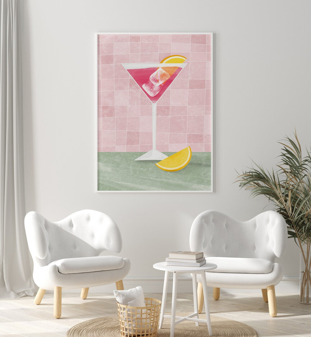 Stylish PINK COCTAIL, BAR art featuring a vibrant cocktail and lemon slice, perfect for café decor.