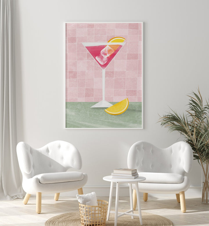 Stylish PINK COCTAIL, BAR art featuring a vibrant cocktail and lemon slice, perfect for café decor.