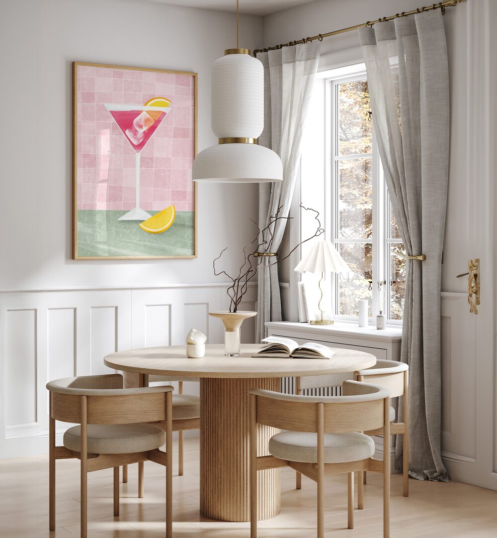Vibrant PINK COCTAIL , BAR art decorates a stylish cafe, enhancing the modern dining atmosphere.