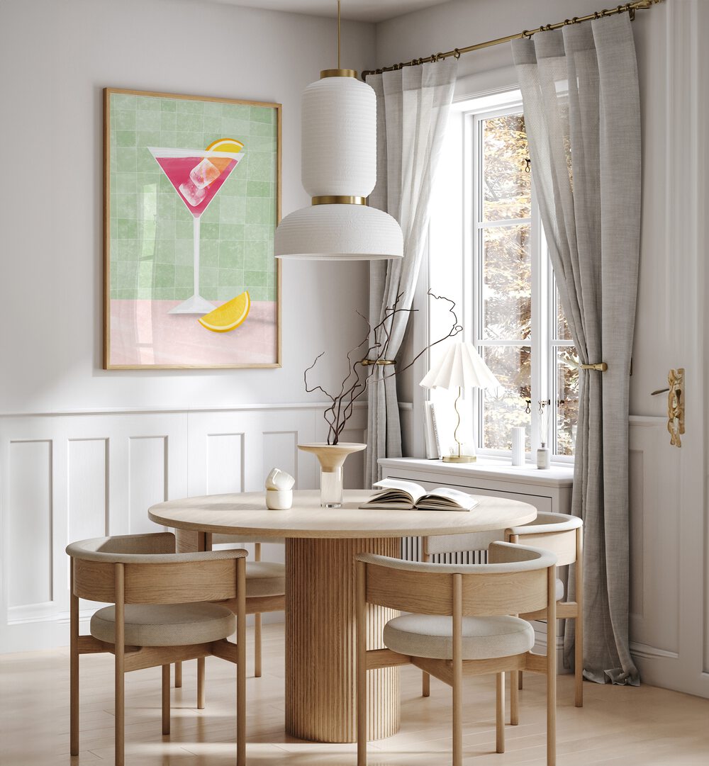 Stylish dining area featuring PINK COCTAIL II, BAR & CAFE ART with a vibrant cocktail print and modern decor.