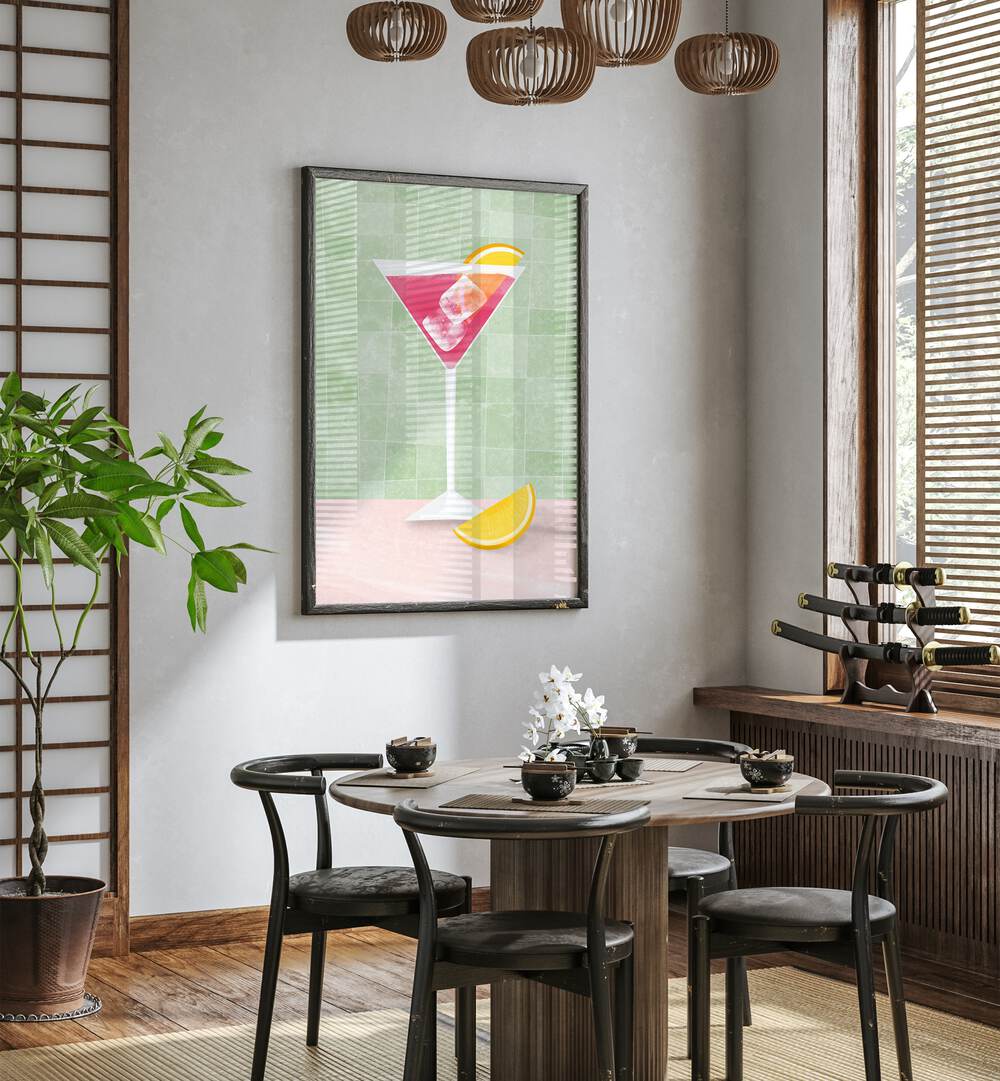 Stylish PINK COCTAIL II, BAR art piece enhancing a chic cafe setting with a refreshing cocktail illustration.