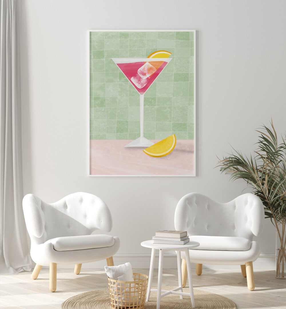 Bright and stylish PINK COCTAIL II, BAR art featuring a pink cocktail and lemon slice, perfect for cafe decor.