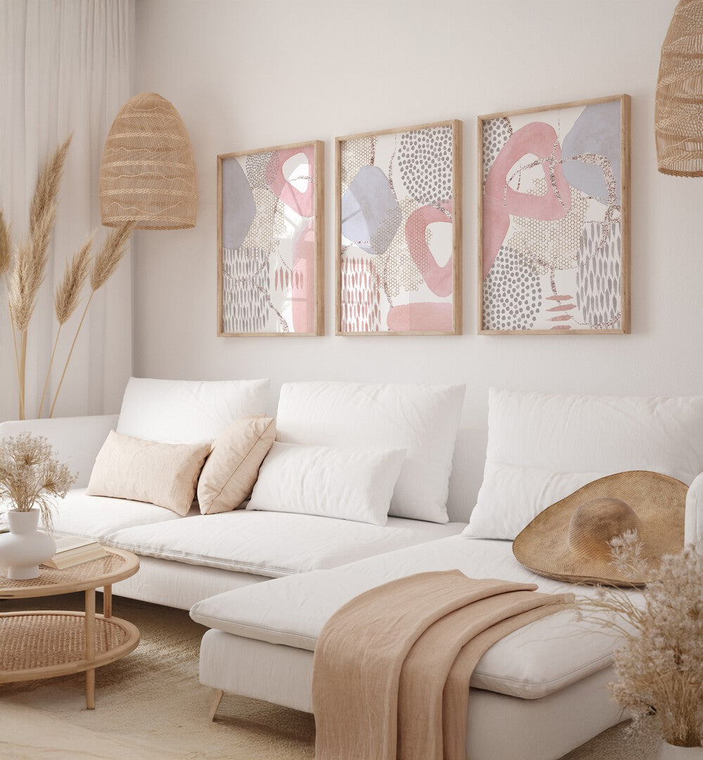 Enhance your space with the PINK DREAMING SET, SET OF 3 PAINTINGS in soft pink hues for a serene atmosphere.