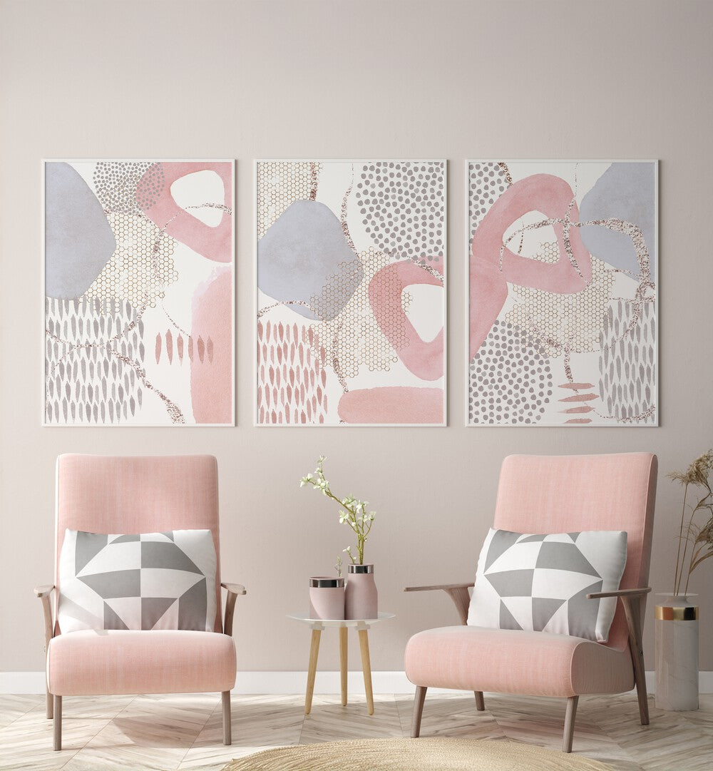 Elegant PINK DREAMING SET, SET OF 3 PAINTINGS showcasing soft pink hues to transform your living space.