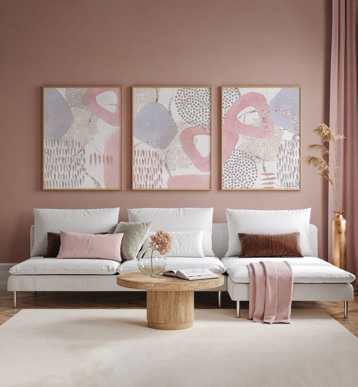 Enhance your decor with the PINK DREAMING SET, SET OF 3 PAINTINGS showcasing soft pink hues for a serene ambiance.