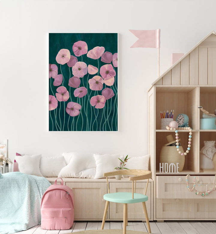 Vibrant PINK POPPIES II, FLORAL FLOWER PAINTINGS showcased in a stylish room setting, perfect for home decor.