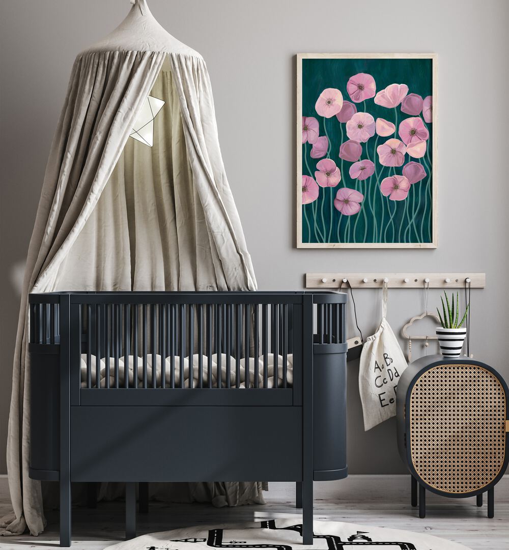 Brighten your space with PINK POPPIES II, FLORAL FLOWER PAINTINGS, elegantly displayed in a cozy nursery setting.