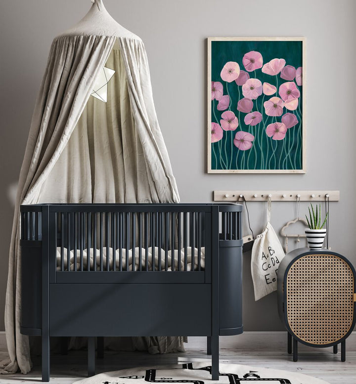 Brighten your space with PINK POPPIES II, FLORAL FLOWER PAINTINGS, elegantly displayed in a cozy nursery setting.