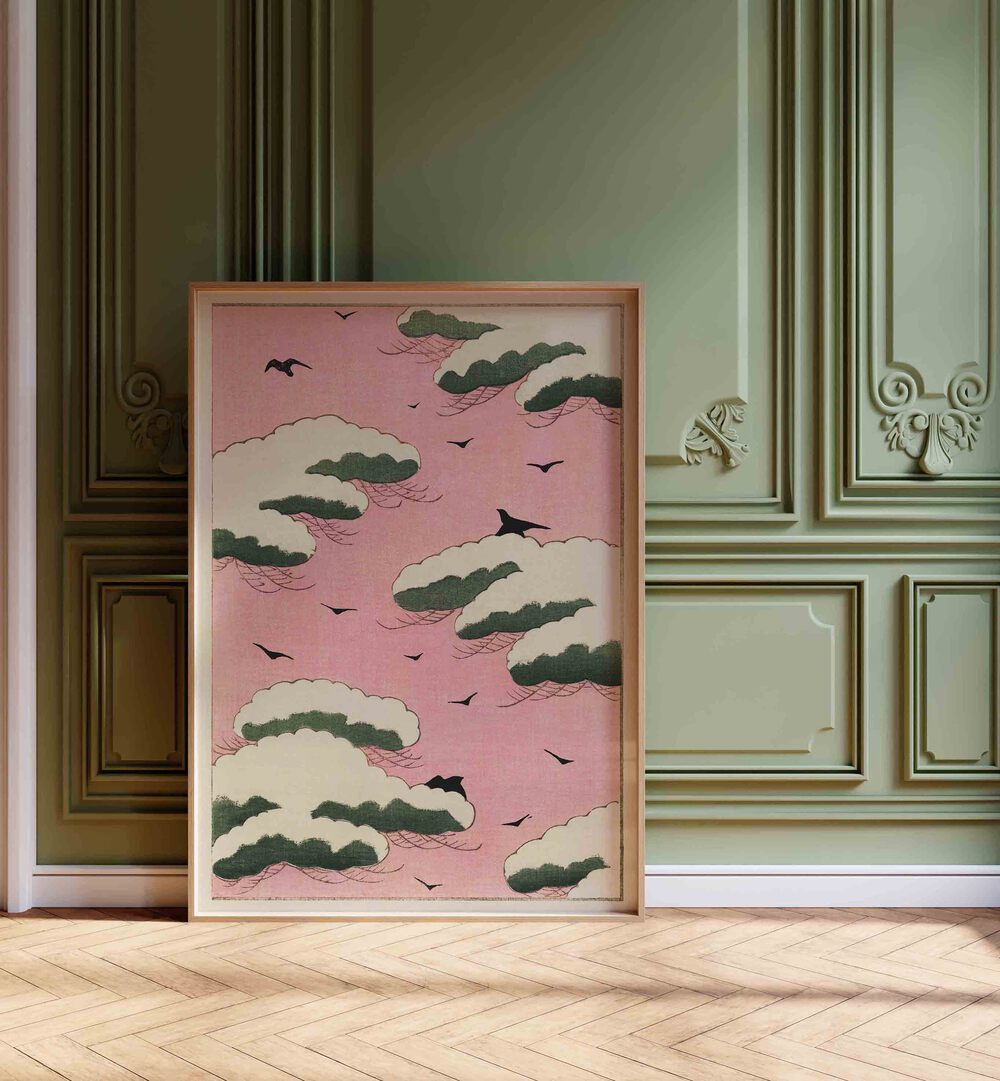 Pink Sky By Watanabe Seitei (1893-1896) Japanese Art Artwork in Oak Wood Plain Frame Placed on a Wooden Floor next to A Green Wall With French Moldings 