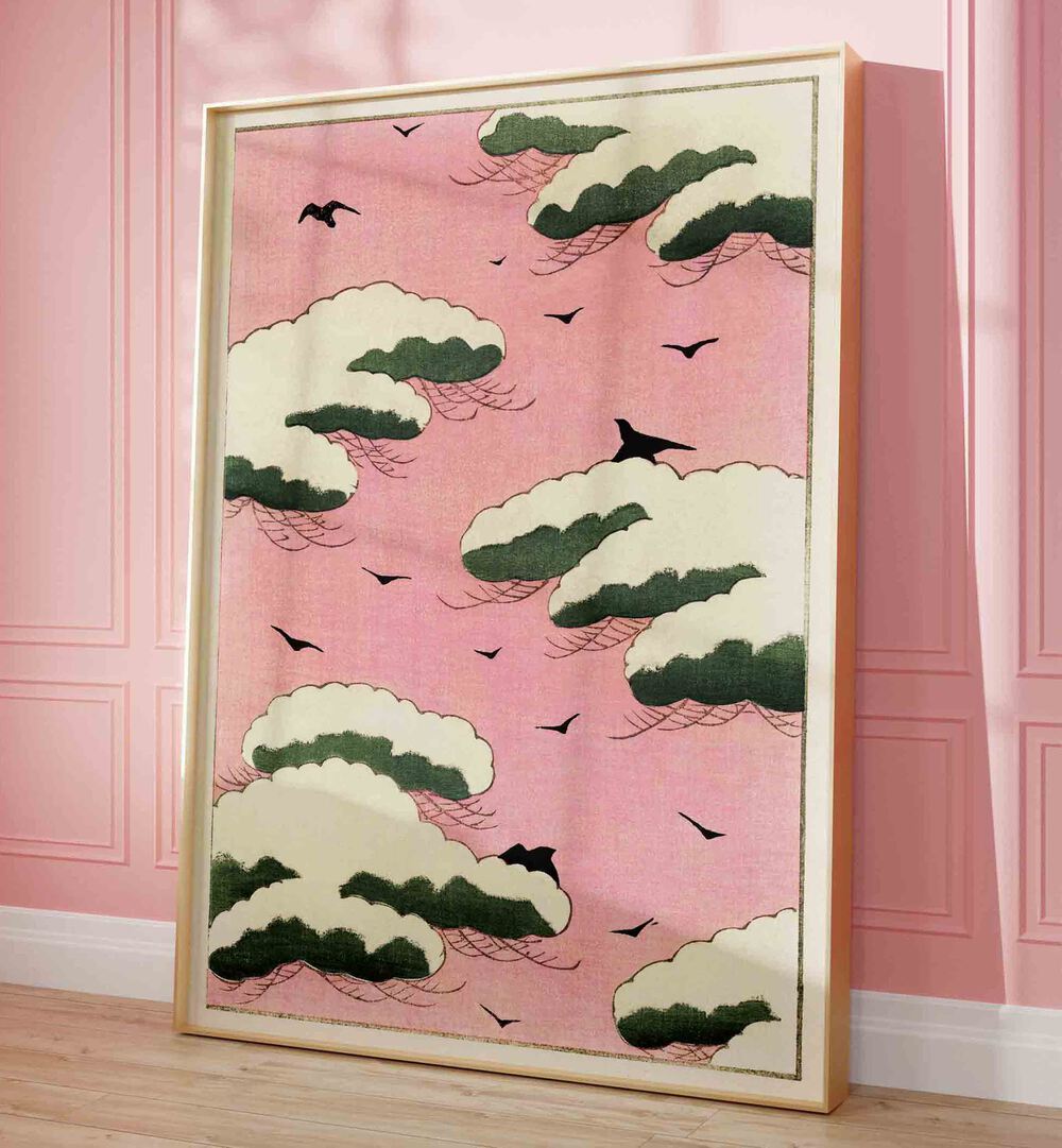 Pink Sky By Watanabe Seitei (1893-1896) Japanese Art Artwork in Oak Wood Plain Frame placed on a Wooden Floor next to a Pink Colored Wall With French Moldings