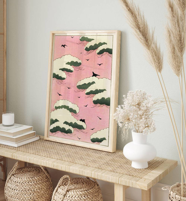 Pink Sky By Watanabe Seitei (1893-1896) Japanese Art Artwork in Oak Wood Plain Frame Placed on a Wooden jute Woven Table next to a Sage Green Wall