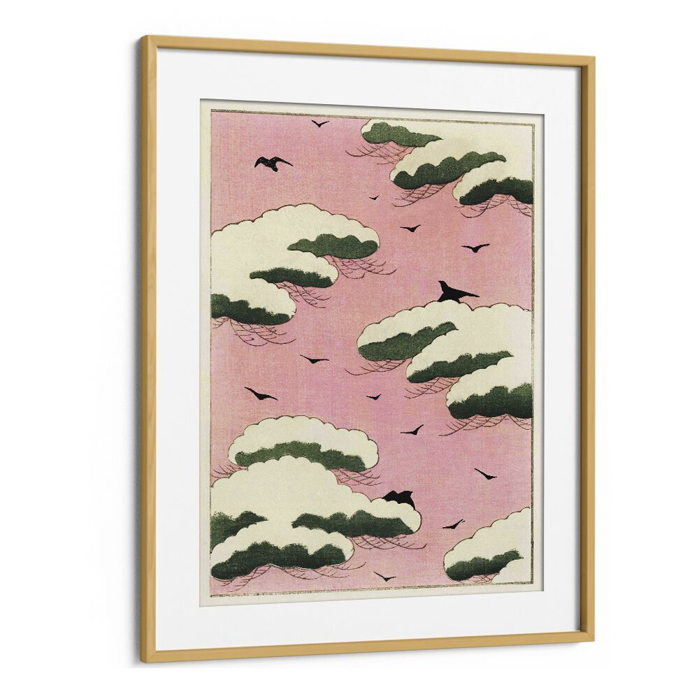 Pink Sky By Watanabe Seitei (1893-1896) Japanese Art Artwork in Oak Wood Frame With Mount
