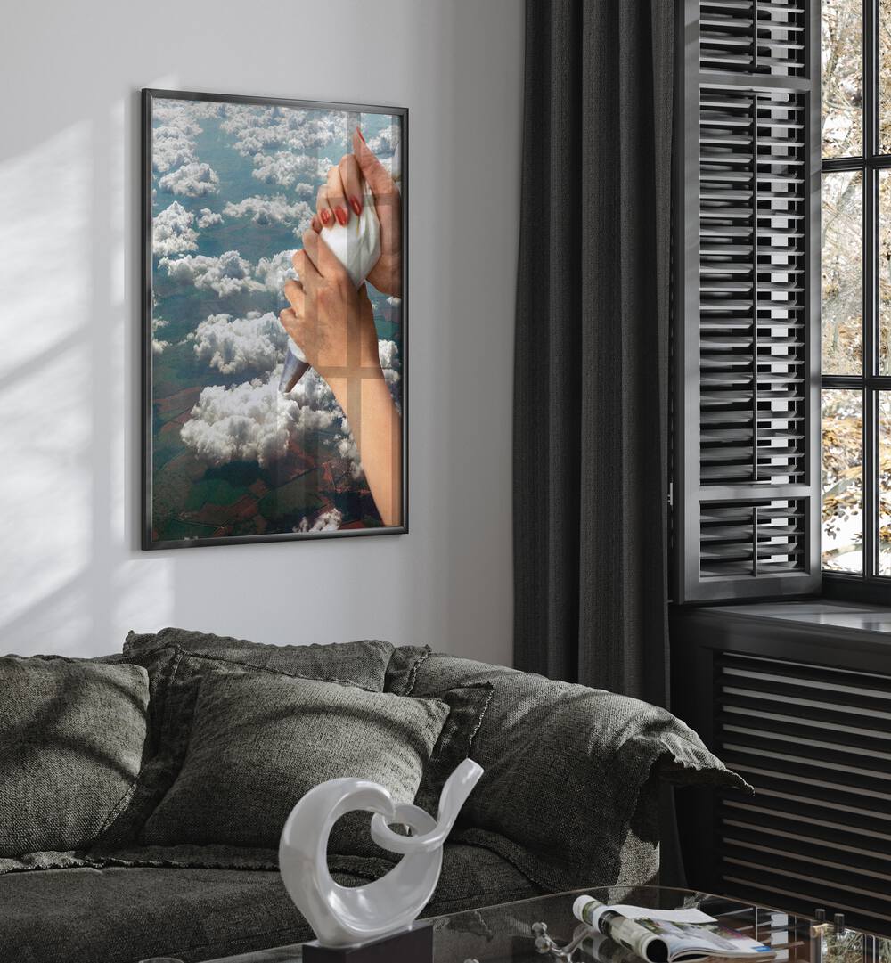 Piping Clouds - Whipped Cream Surreal Art Painting Artwork in plain back frame behind a sofa beside a window