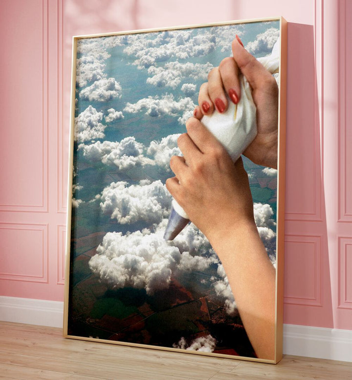 Piping Clouds - Whipped Cream Surreal Art Painting Artwork in plain oakwood frame on a wooden floor