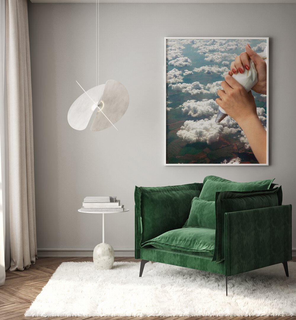 Piping Clouds - Whipped Cream Surreal Art Painting Artwork in plain white frame behind a green sofa on a white wall