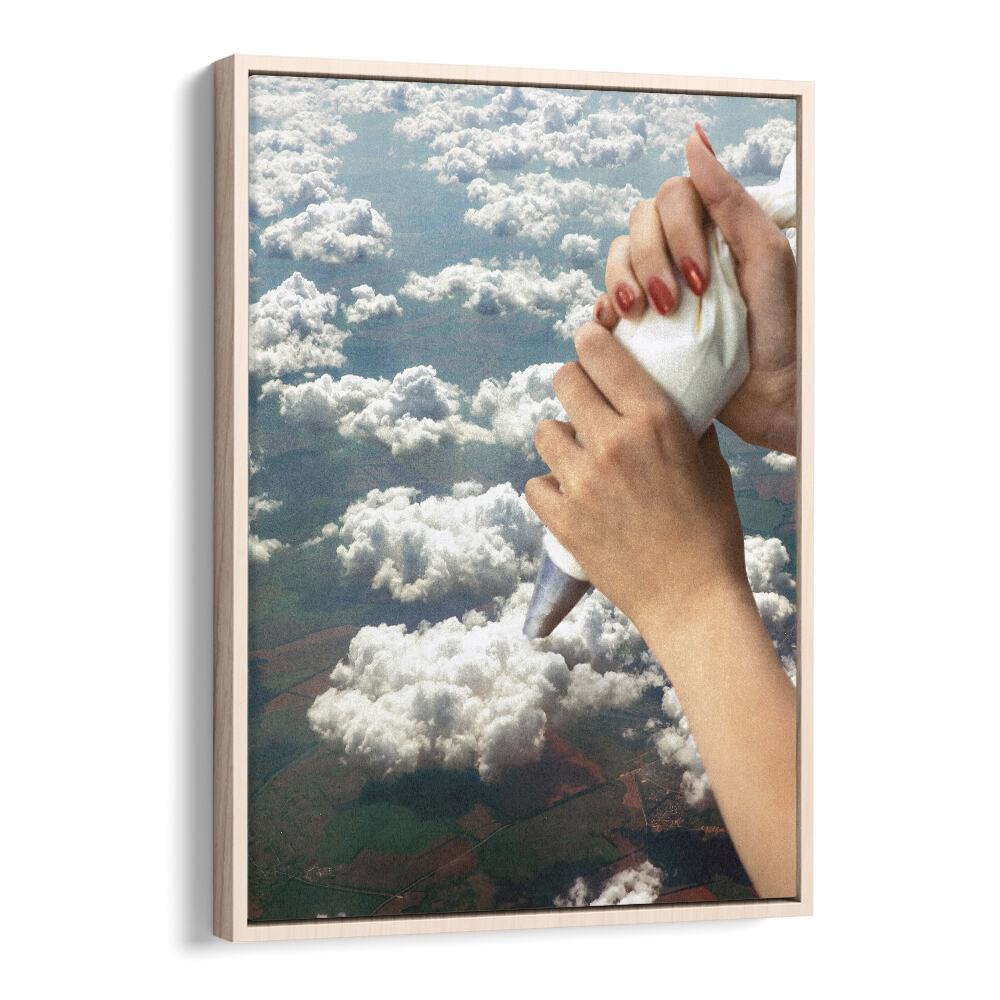 Piping Clouds - Whipped Cream Surreal Painting Artwork in Oak Wood Floater Frame
