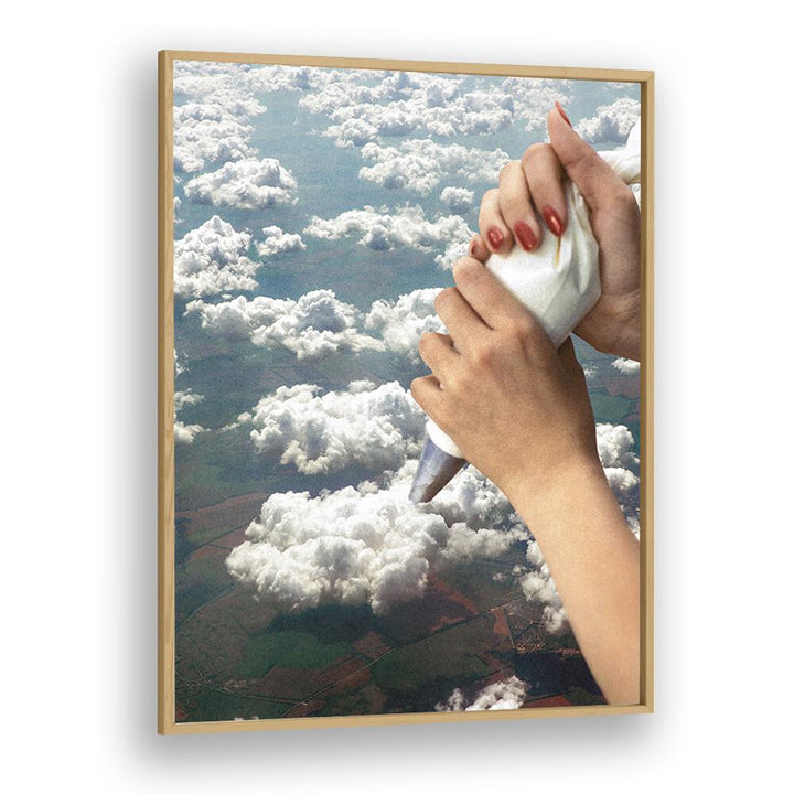 Piping Clouds - Whipped Cream Surreal Painting Artwork in Oak Wood Plain Frame