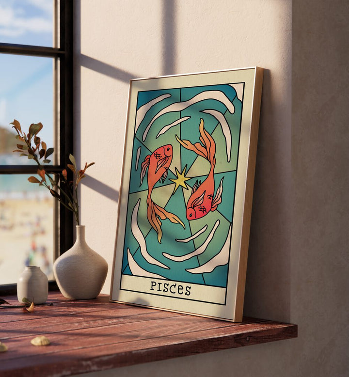 Pisces Zodiac & Tarot Art Painting Artwork in plain oakwood frame beside a window