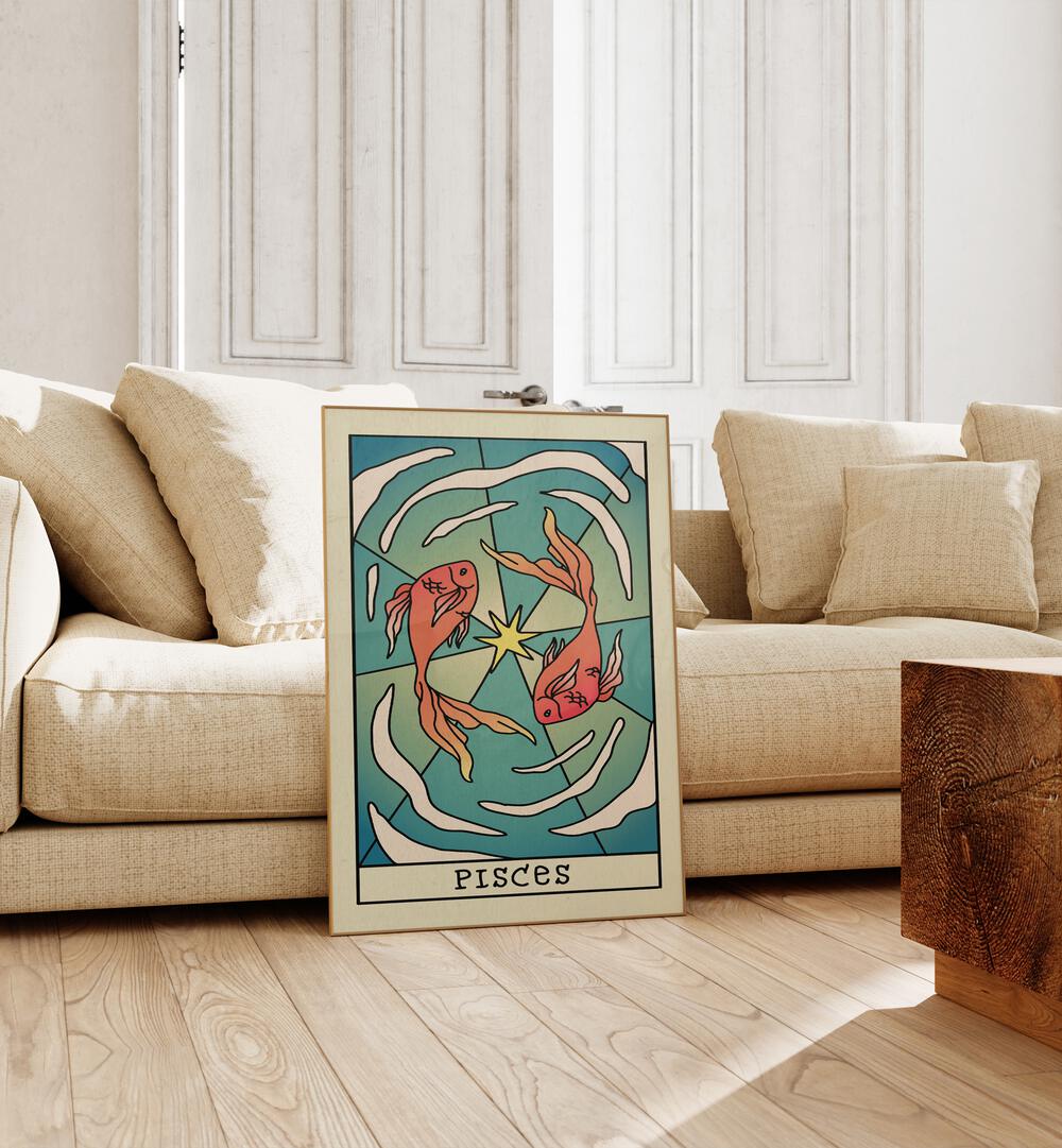 Pisces Zodiac & Tarot Art Painting Artwork in plain oakwood frame behind a sofa