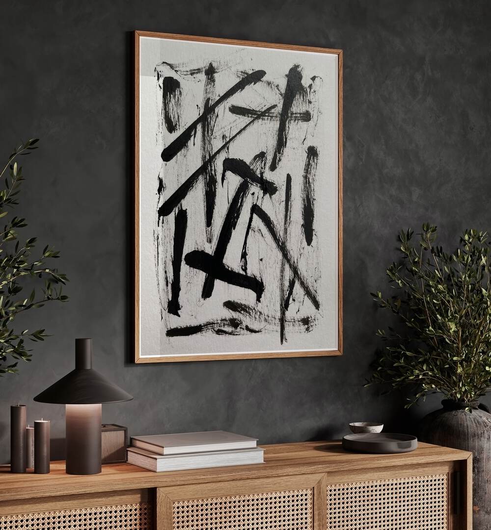 Elevate your decor with PITCH, ABSTRACT PAINTINGS, featuring bold black strokes on a chic wall. Perfect for modern spaces.