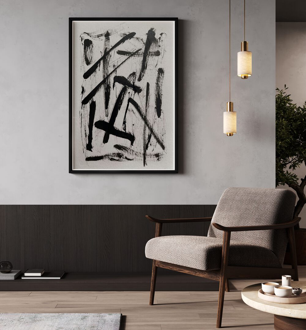 Transform your space with PITCH, ABSTRACT PAINTINGS showcasing striking black and white artistry in a modern setting.