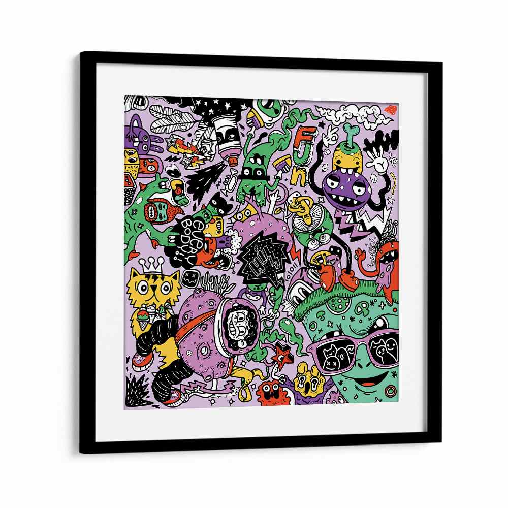 Pizza N Stuff Doodle Art Artwork in Black Frame With Mount