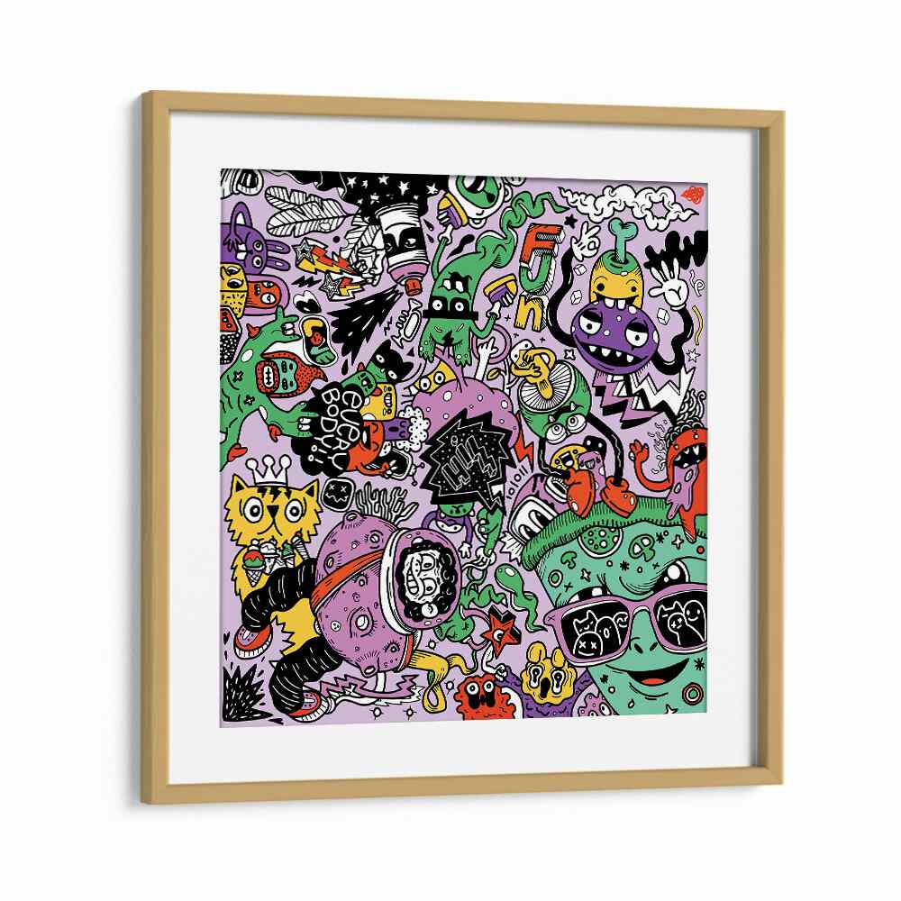 Pizza N Stuff Doodle Art Artwork in Oak Wood Frame With Mount