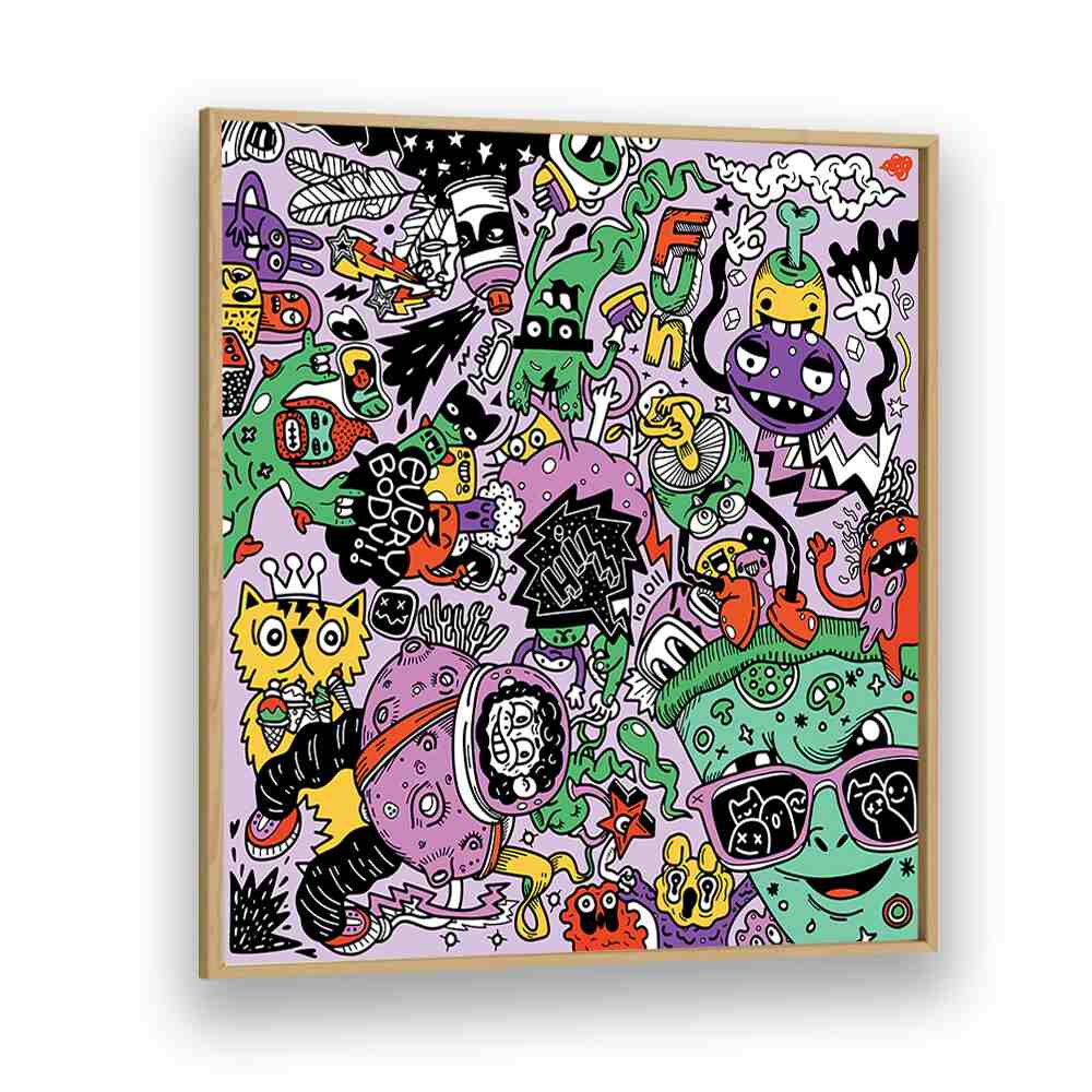 Pizza N Stuff Doodle Art Artwork in Oak Wood Plain Frame