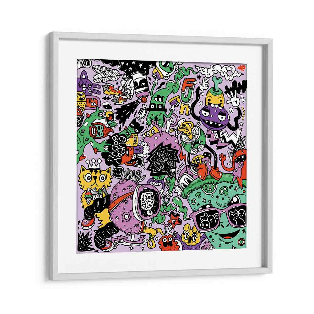 Pizza N Stuff Doodle Art Artwork in White Frame With Mount