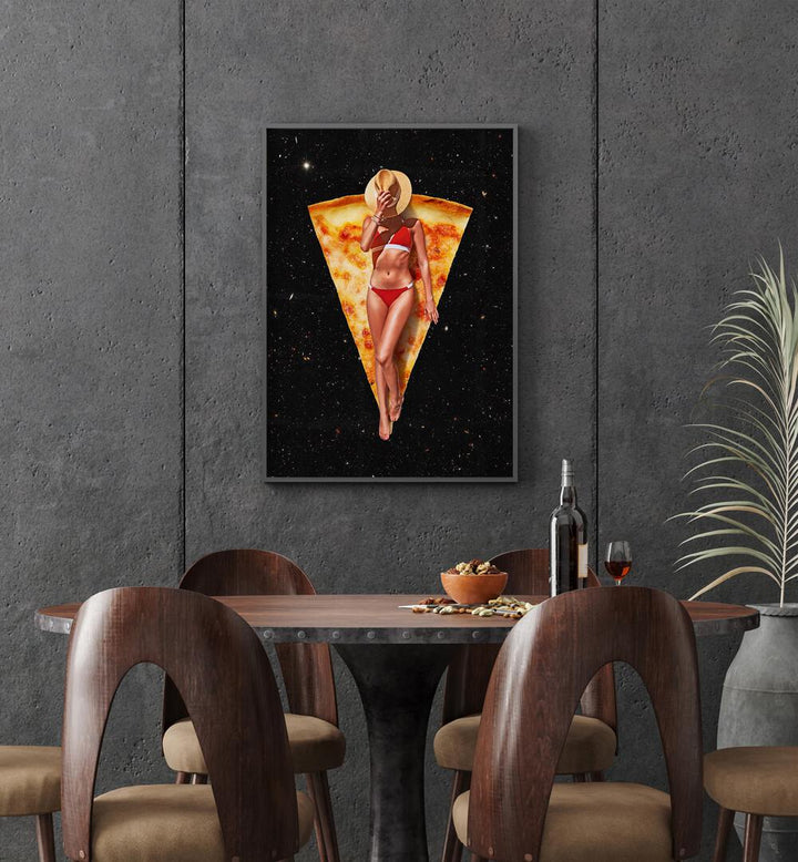 Pizza Sun Tan Surreal Art Painting Artwork in plain black frame behind a table for dining  area