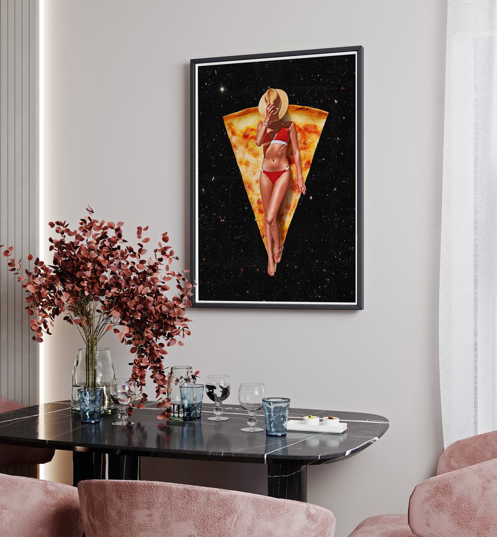 Pizza Sun Tan Surreal Art Painting Artwork in plain black frame above a table for dining area