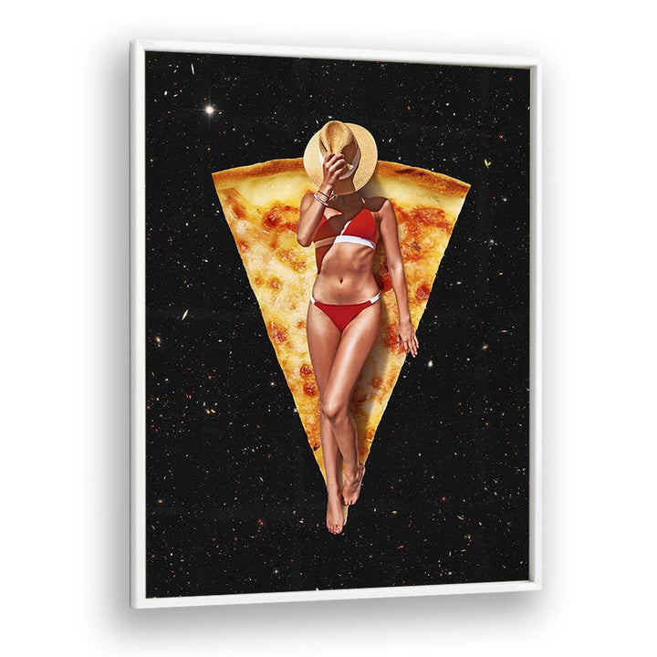 Pizza Sun Tan Surreal Painting Artwork  in White Plain Frame