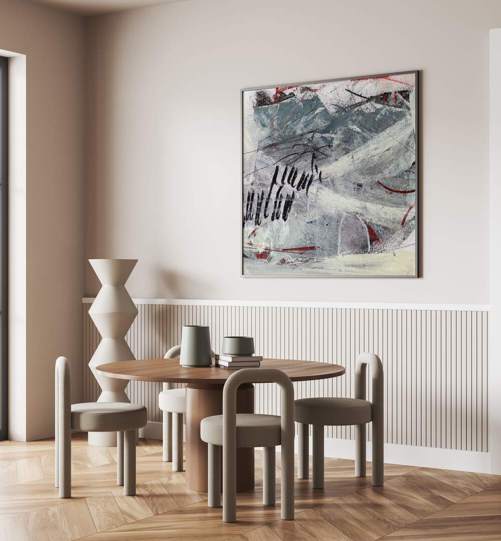 Stylish dining area featuring PLAN, ABSTRACT PAINTINGS that enhance the room's vibrant aesthetic and unique charm.