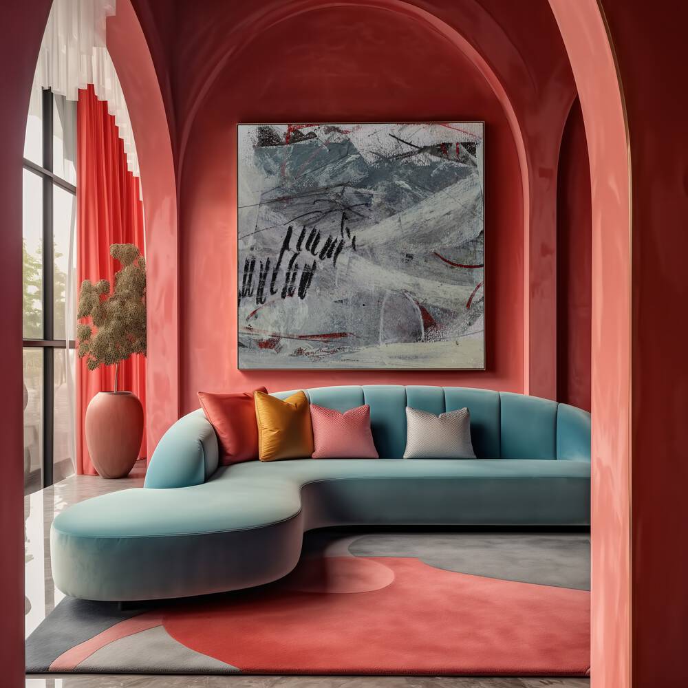 Elevate your space with PLAN, ABSTRACT PAINTINGS, showcasing vibrant colors and dynamic forms in a stylish setting.