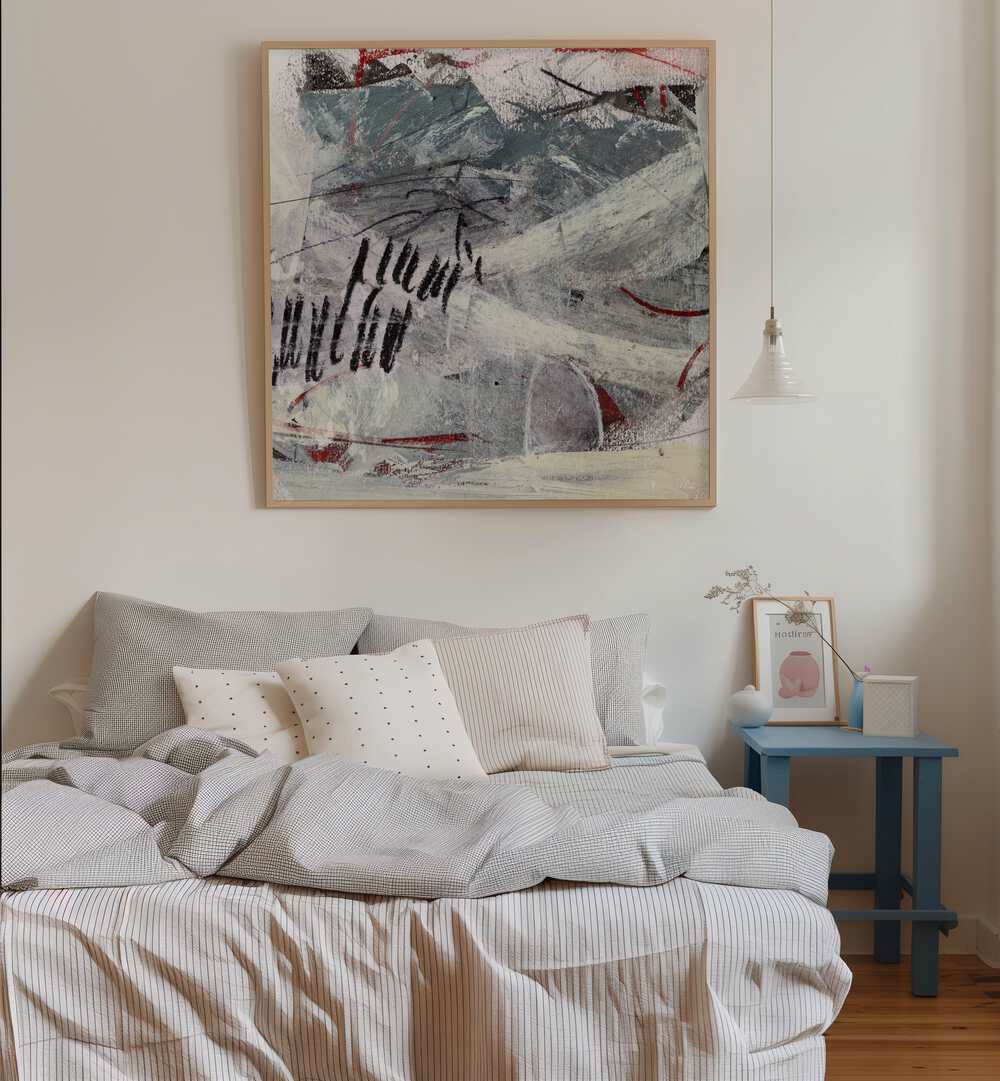 Stylish bedroom featuring PLAN, ABSTRACT PAINTINGS, enhancing the vibrant decor with dynamic artistic forms.