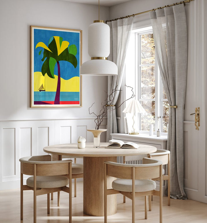 Vibrant PLAYA DEL CARMEN, BEACH PAINTINGS brighten this modern dining space, capturing tropical serenity and beauty.