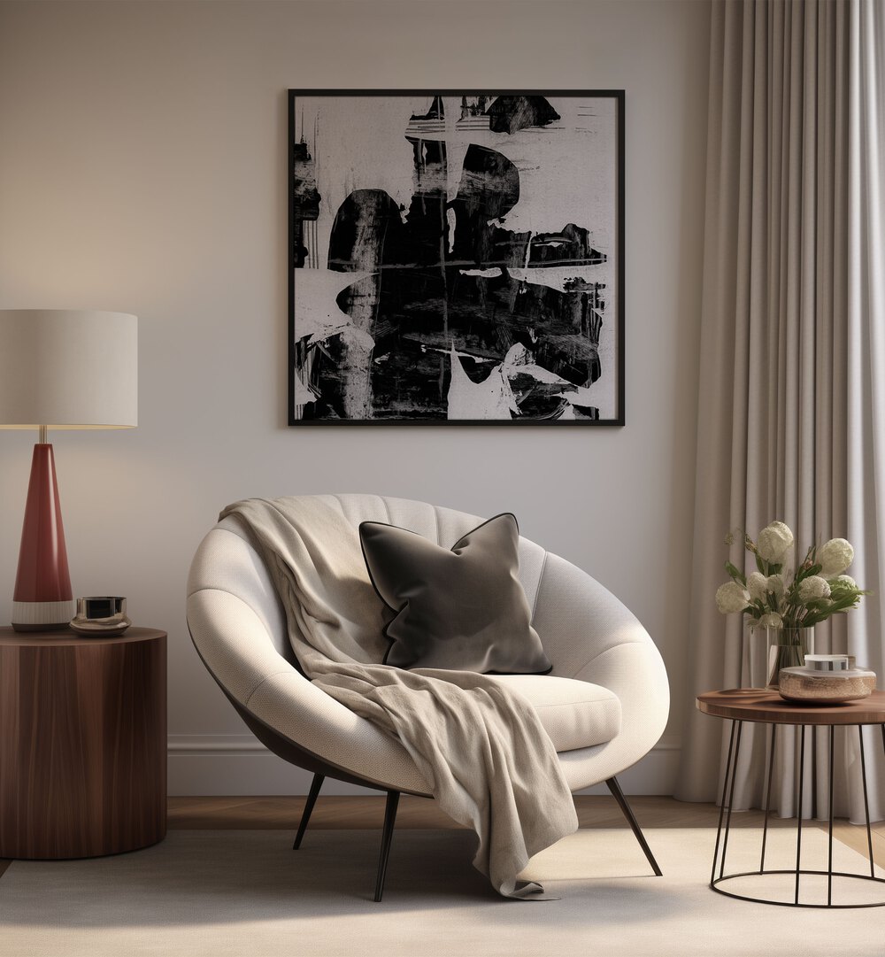 Stylish interior featuring PLUME, ABSTRACT PAINTINGS that enhance the ambiance with modern artistic flair.