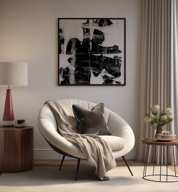 Stylish interior featuring PLUME, ABSTRACT PAINTINGS that enhance the ambiance with modern artistic flair.