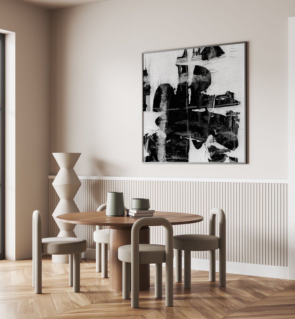 Stylish dining area featuring PLUME, ABSTRACT PAINTINGS that enhance modern decor with captivating artistic flair.